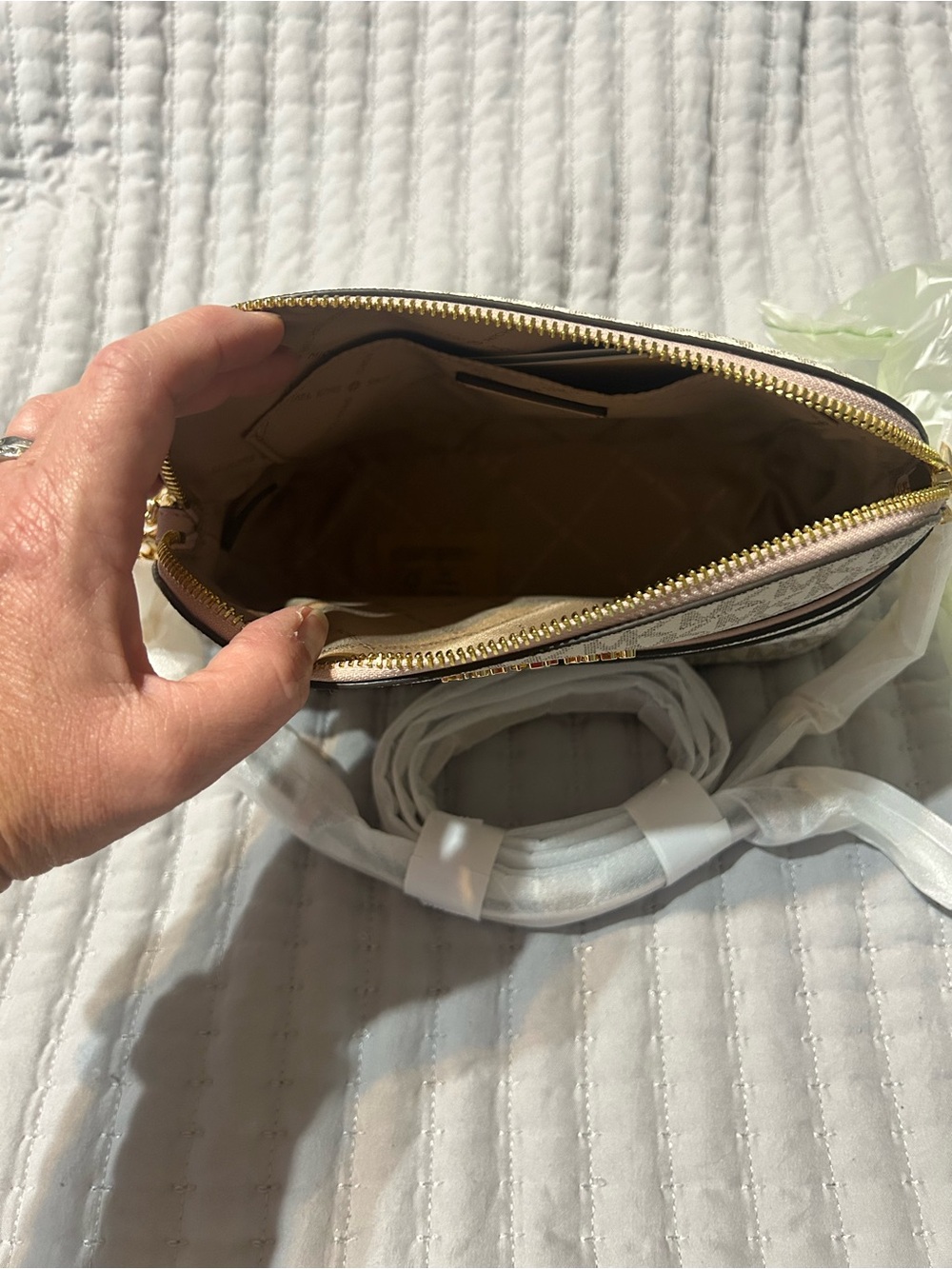 Michael Kors Ivory/Taupe Signature MK Crossbody Bag - Picture 4 of 6
